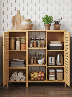 Bamboo 4 Tier Floor Cabinet with Doors, Freestanding Storage 2Dropme