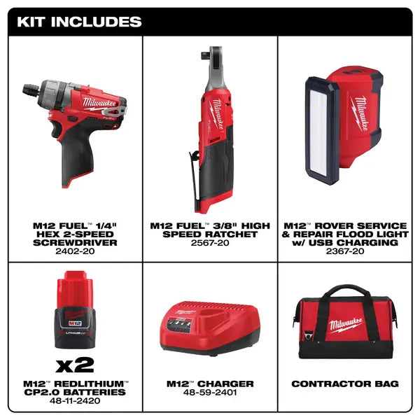 Milwaukee M12 kit with screwdriver ratchet and LED light