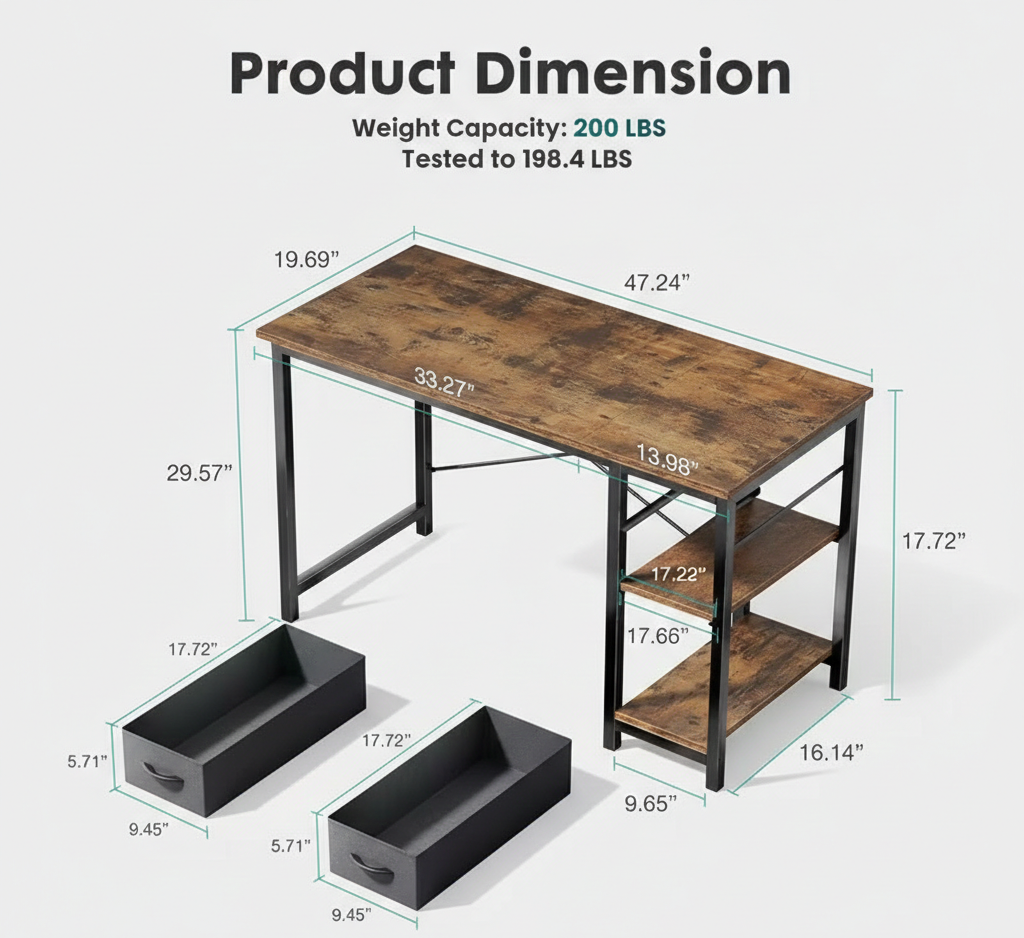 40/47 Inch Computer Desk with Fabric Storage Drawers, Modern Home Office Table 2Dropme