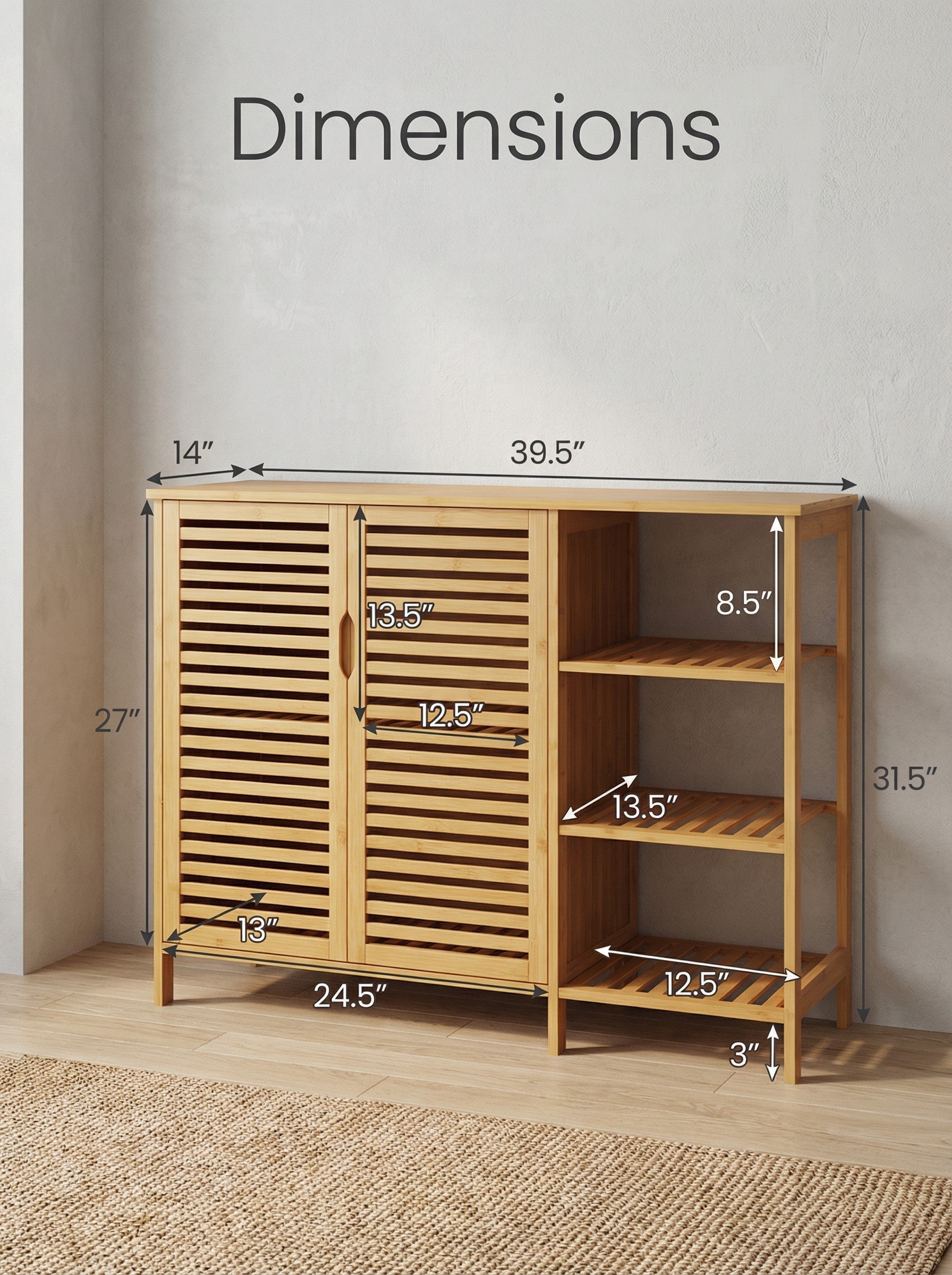 Bamboo 4 Tier Floor Cabinet with Doors, Freestanding Storage 2Dropme