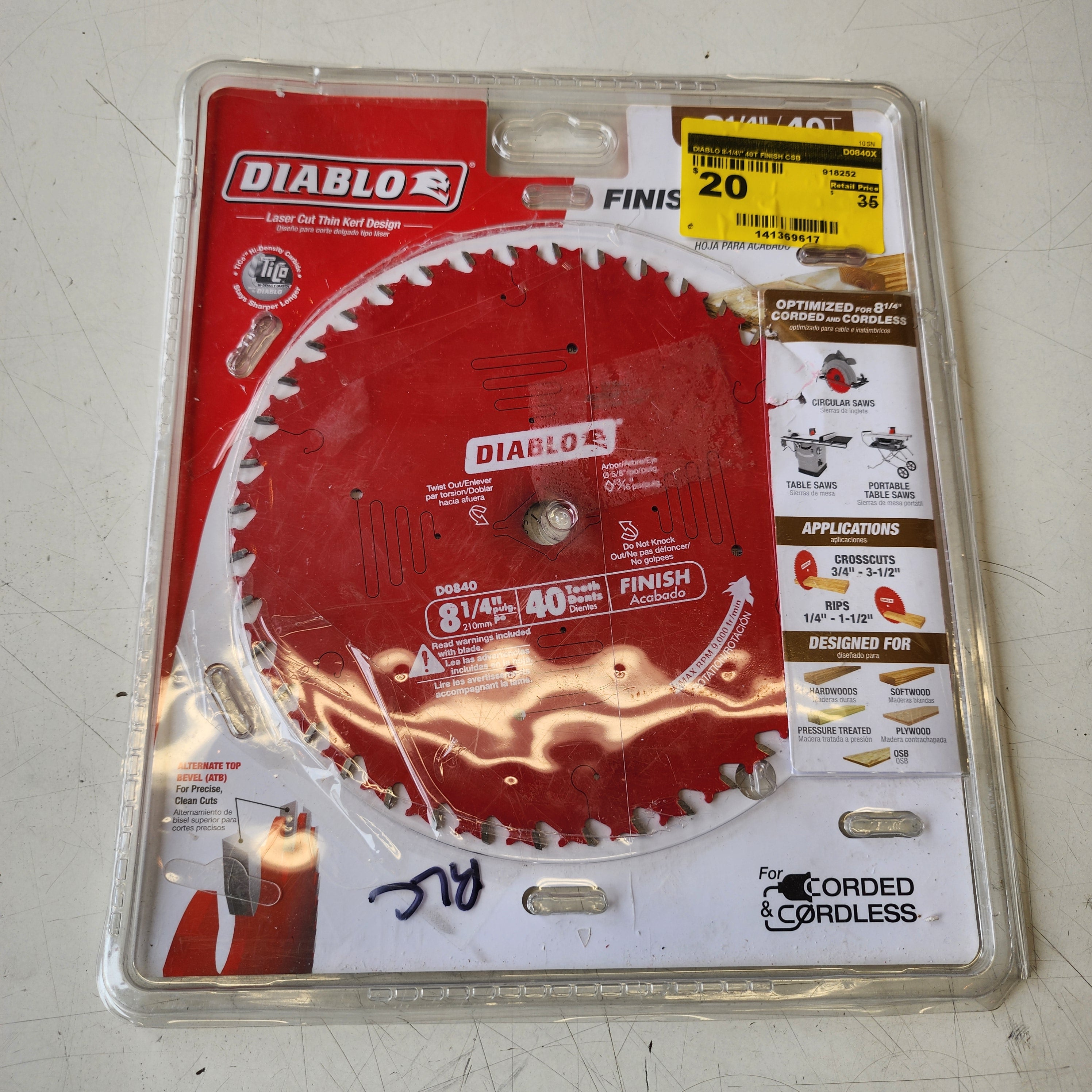DIABLO D0840X 8-1/4 in saw blade for woodworking fine finish cuts