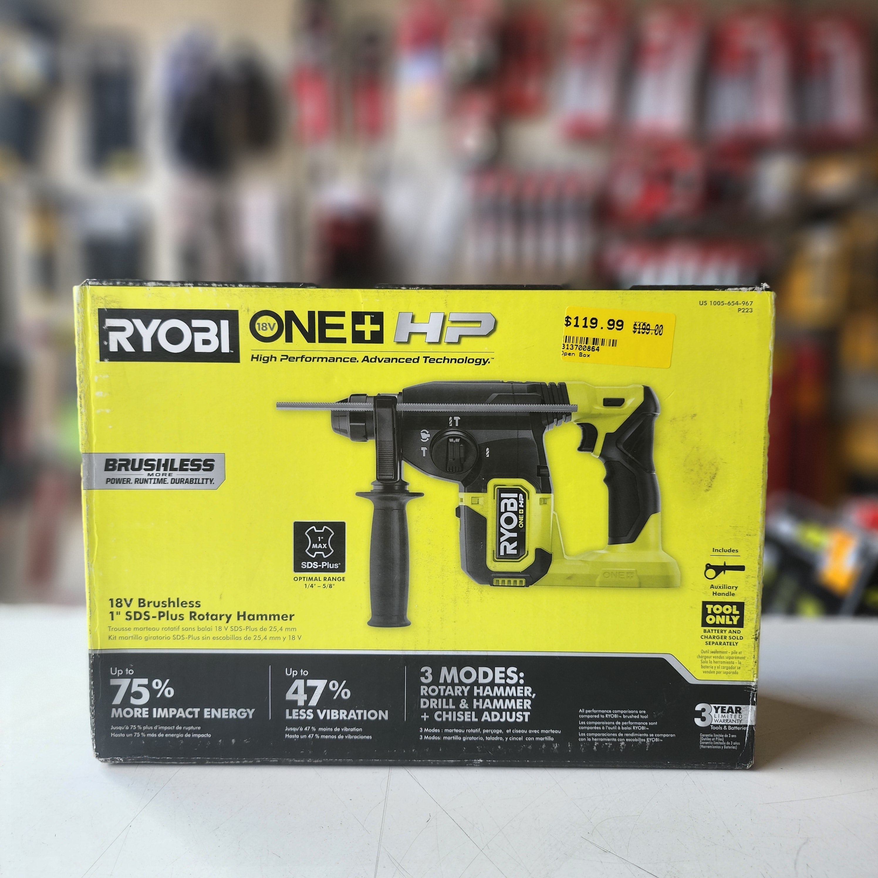 Taladro percutor rotatorio SDS-Plus RYOBI P223 ONE+ HP de 18 V sin escobillas de 2,54 cm