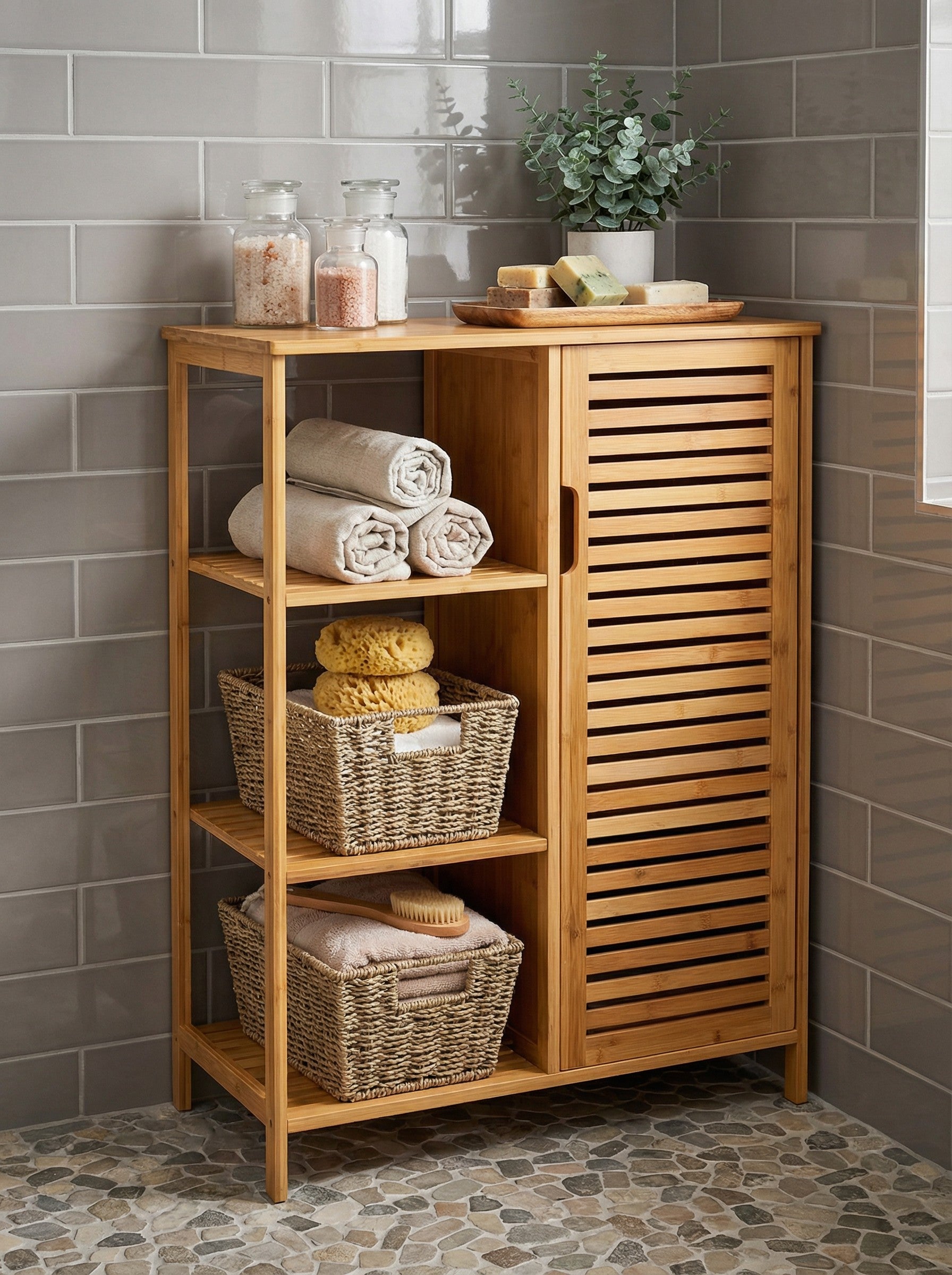 Bamboo 4 Tier Floor Cabinet with Doors, Freestanding Storage 2Dropme