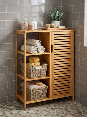 Bamboo 4 Tier Floor Cabinet with Doors, Freestanding Storage 2Dropme