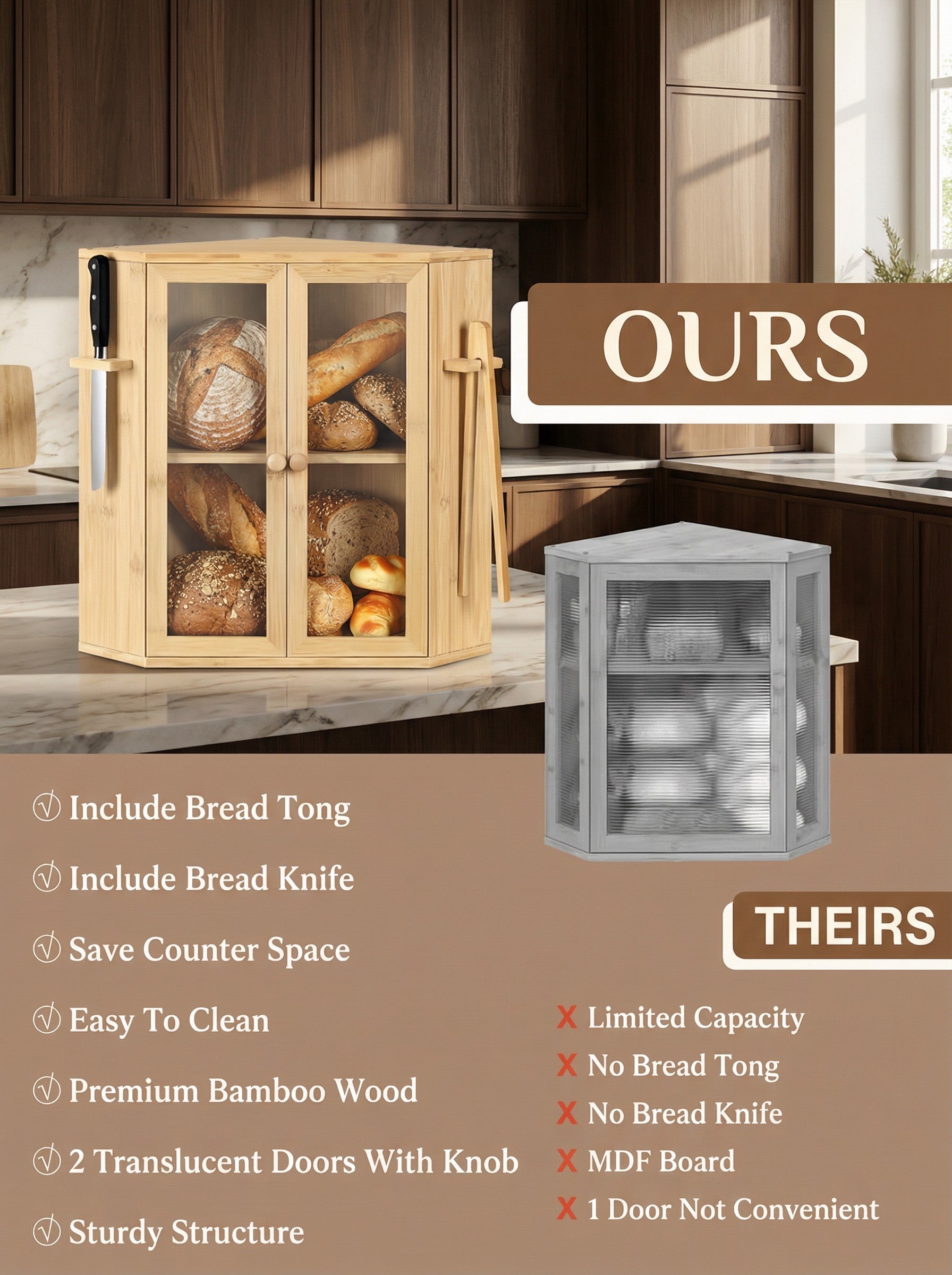 Bamboo Bread Box with Clear Doors – 2-Tier Kitchen Countertop Organizer 2Dropme