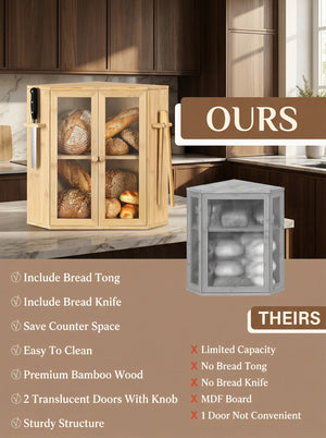 Bamboo Bread Box with Clear Doors – 2-Tier Kitchen Countertop Organizer 2Dropme