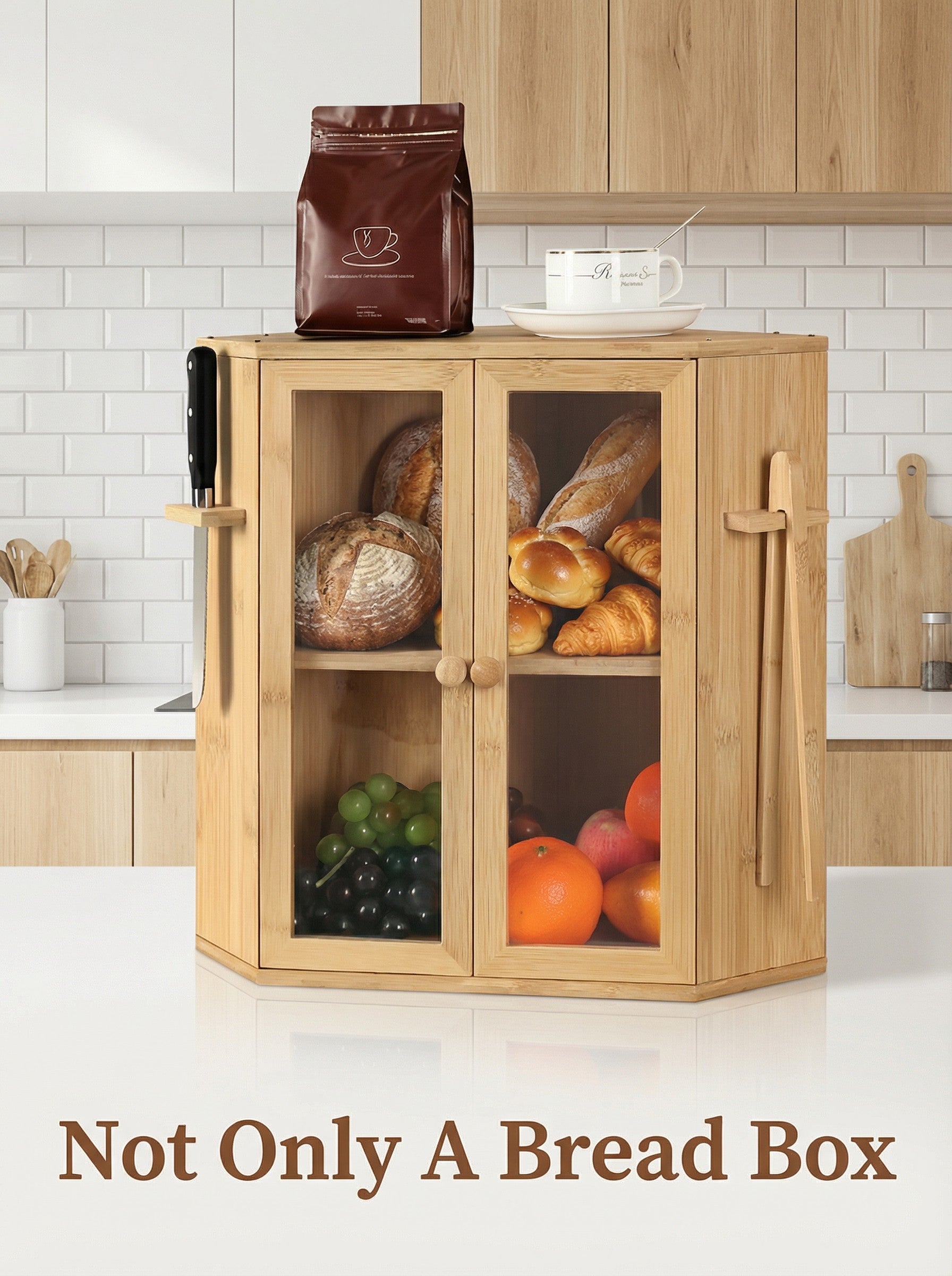 Bamboo Bread Box with Clear Doors – 2-Tier Kitchen Countertop Organizer 2Dropme