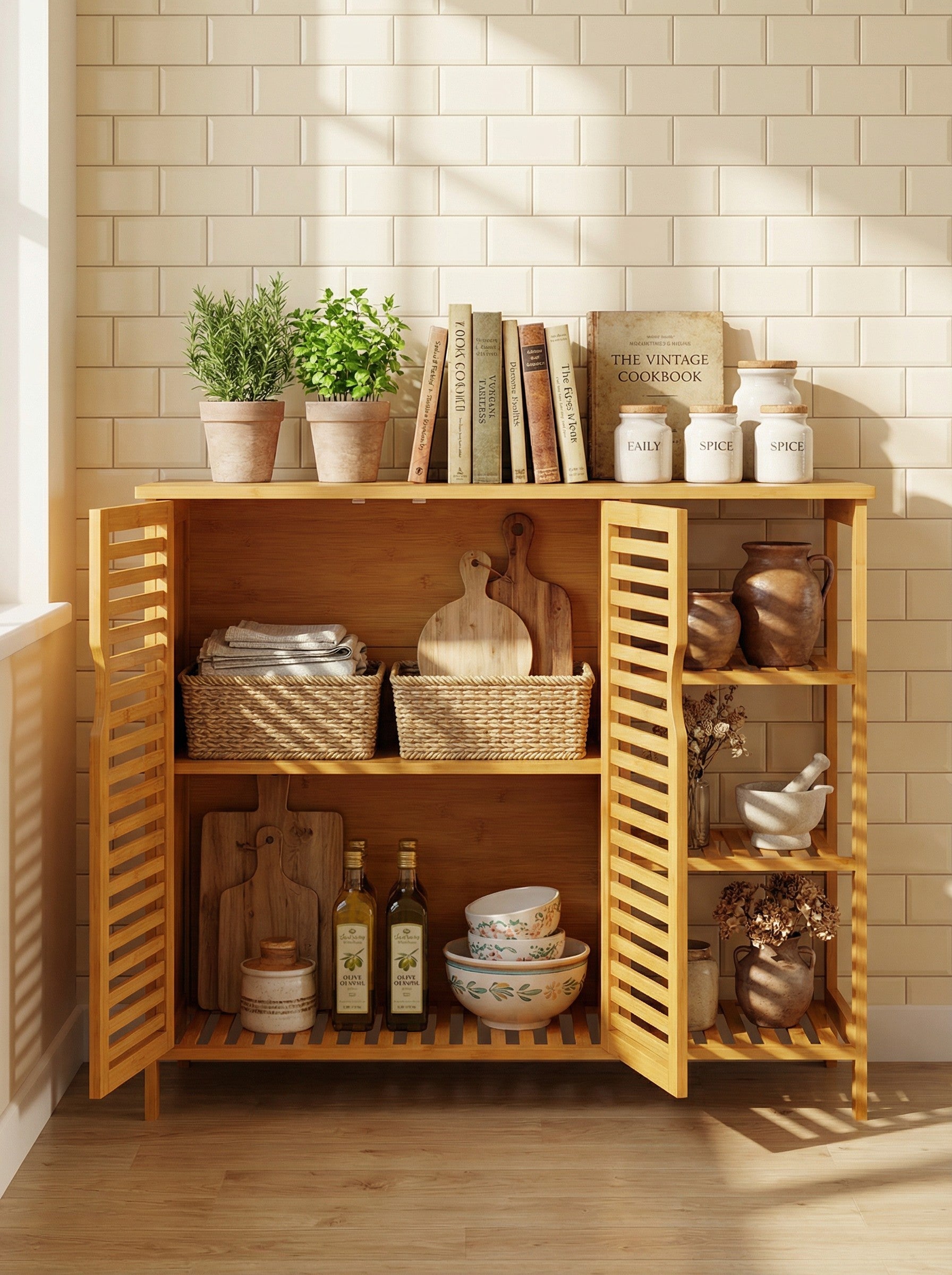Bamboo 4 Tier Floor Cabinet with Doors, Freestanding Storage 2Dropme