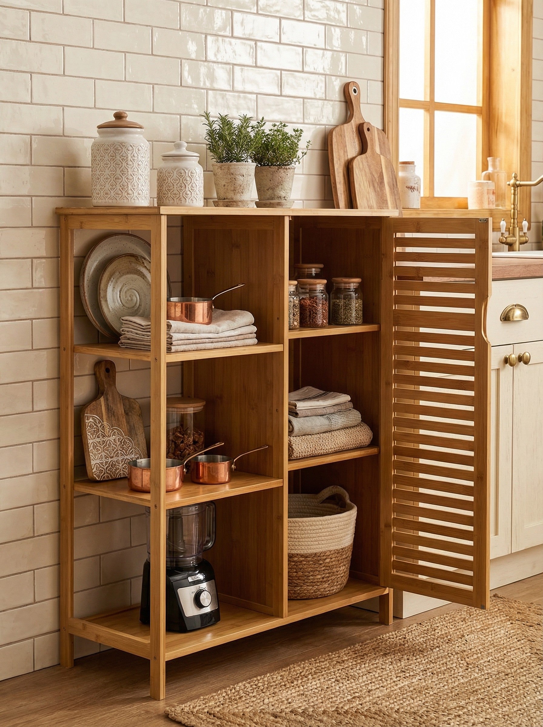 Bamboo 4 Tier Floor Cabinet with Doors, Freestanding Storage 2Dropme