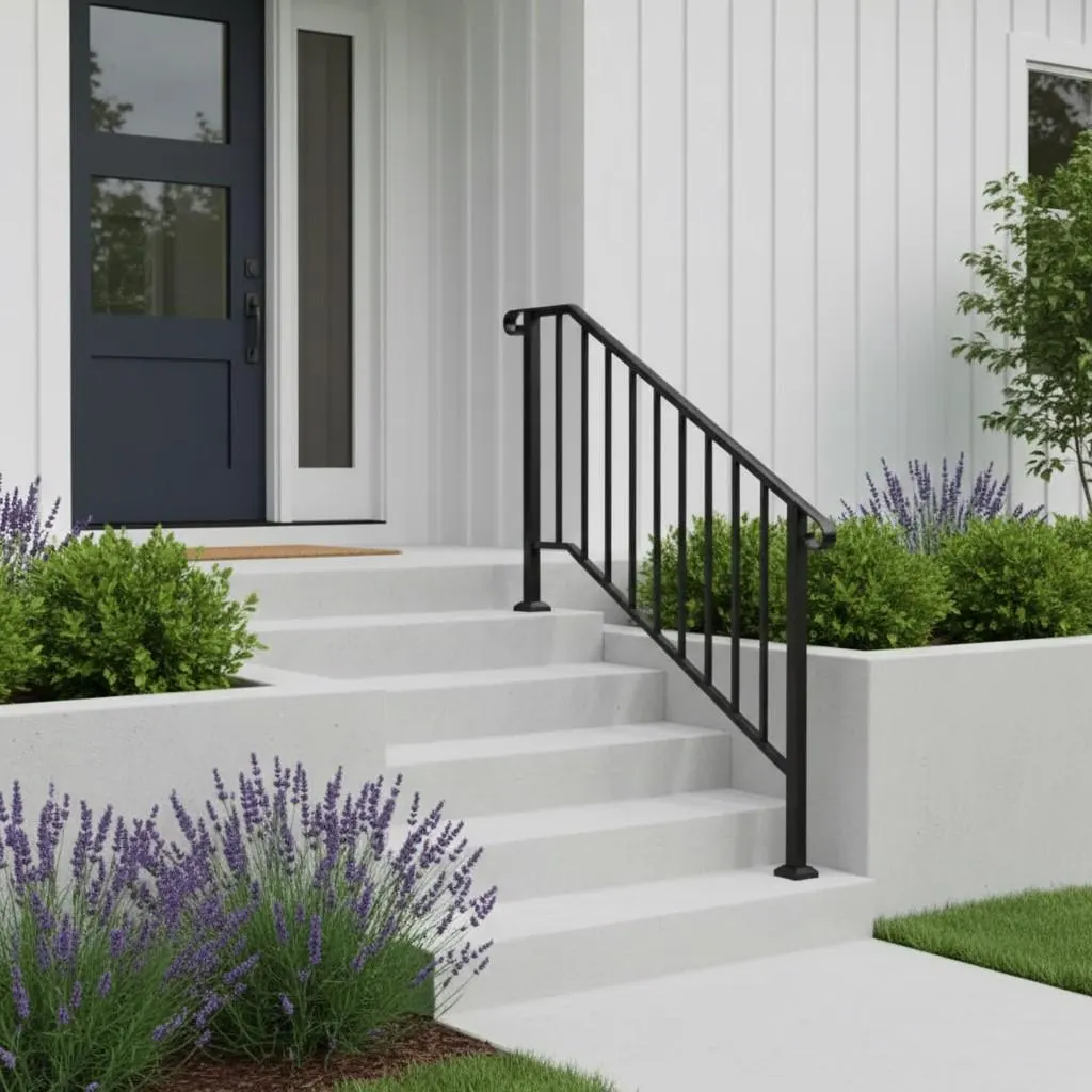 Outdoor Stair Handrail for 1–4 Steps, Adjustable Black Steel Railing 2Dropme