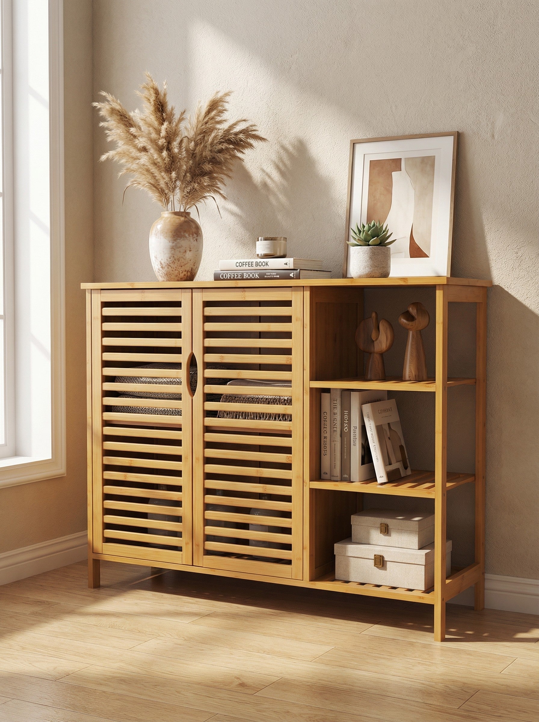 Bamboo 4 Tier Floor Cabinet with Doors, Freestanding Storage 2Dropme