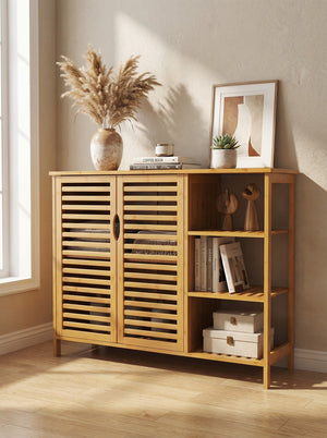 Bamboo 4 Tier Floor Cabinet with Doors, Freestanding Storage 2Dropme