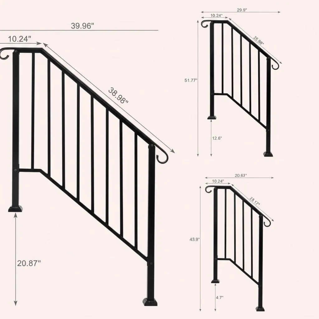 Outdoor Stair Handrail for 1–4 Steps, Adjustable Black Steel Railing 2Dropme
