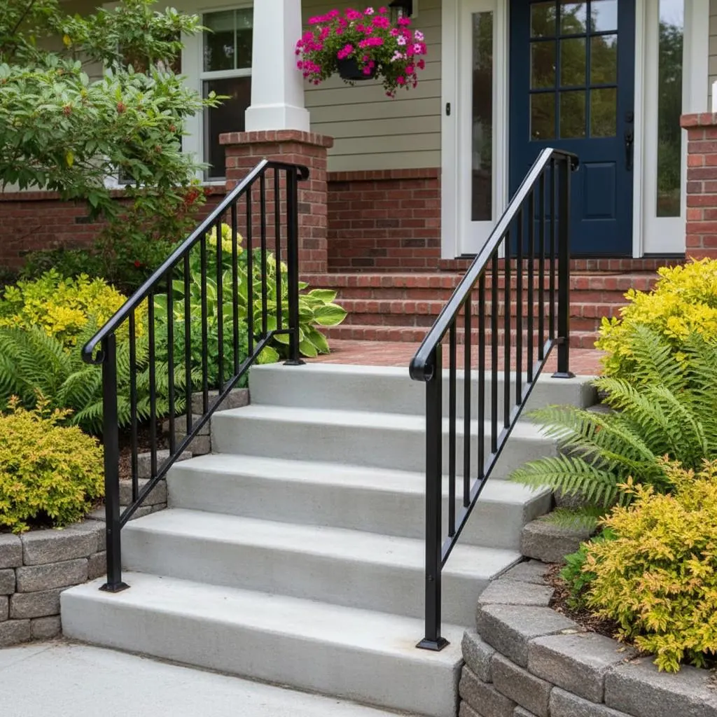Outdoor Stair Handrail for 1–4 Steps, Adjustable Black Steel Railing 2Dropme