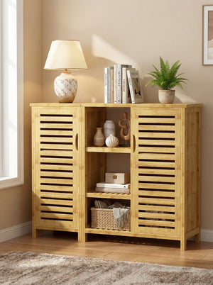 Bamboo 4 Tier Floor Cabinet with Doors, Freestanding Storage 2Dropme