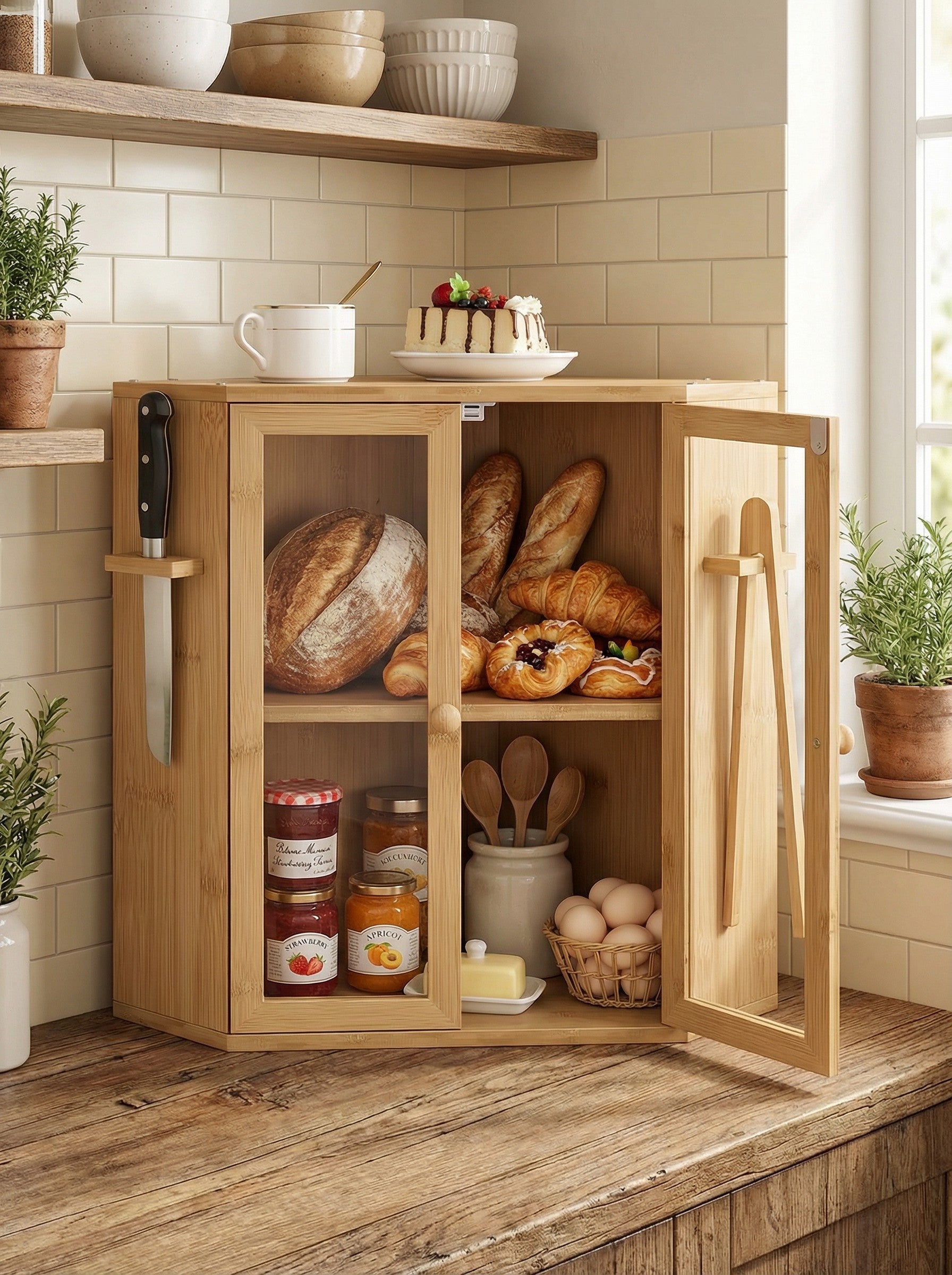 Bamboo Bread Box with Clear Doors – 2-Tier Kitchen Countertop Organizer 2Dropme