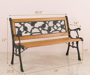 Cast Iron & Wood Outdoor Garden Bench with Ornate Backrest 2Dropme