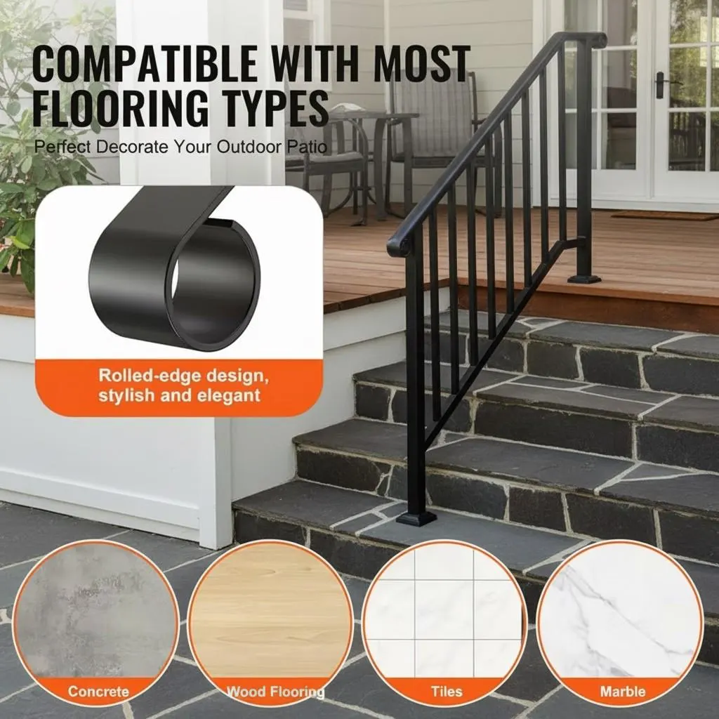 Outdoor Stair Handrail for 1–4 Steps, Adjustable Black Steel Railing 2Dropme