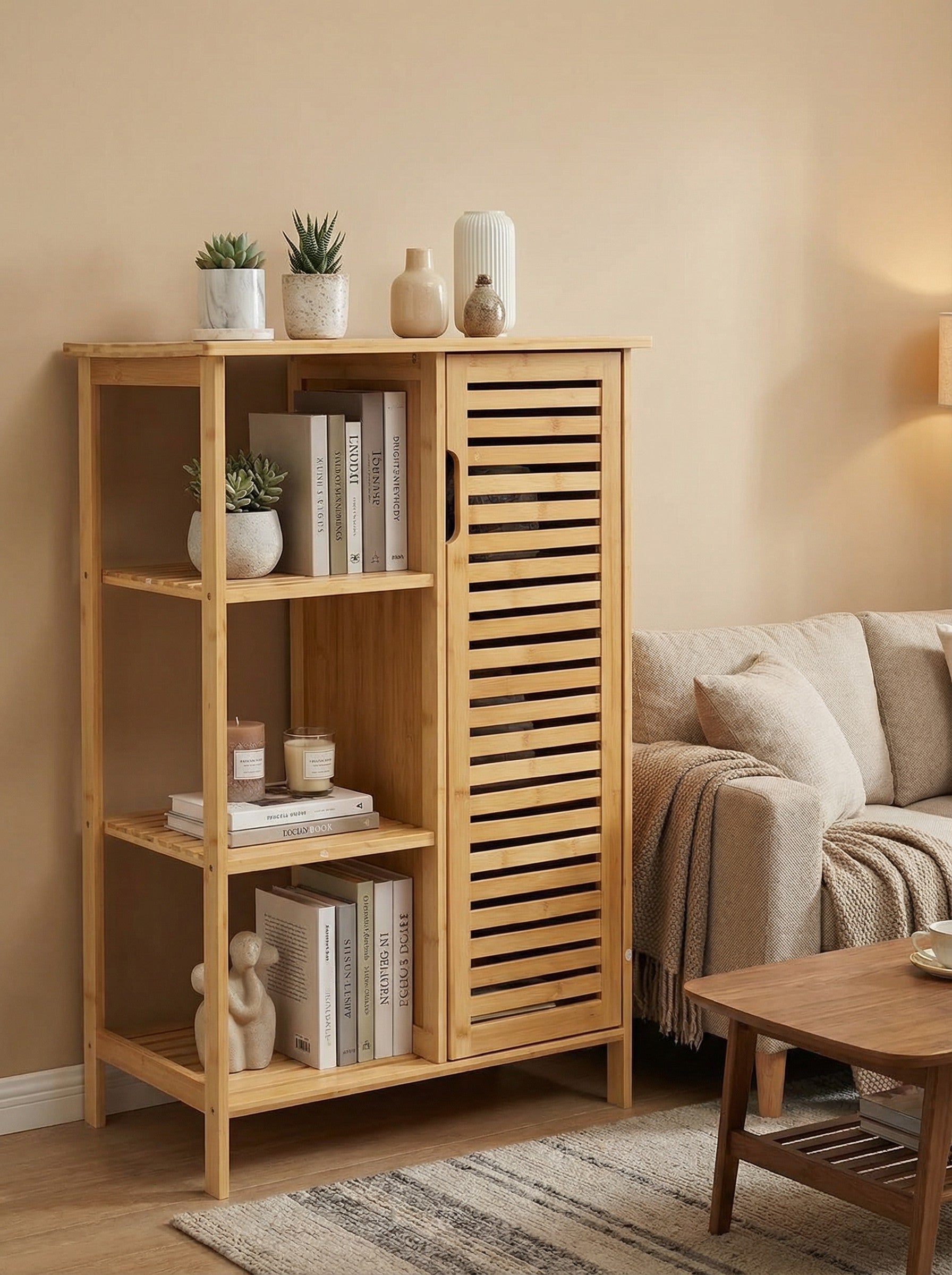 Bamboo 4 Tier Floor Cabinet with Doors, Freestanding Storage 2Dropme