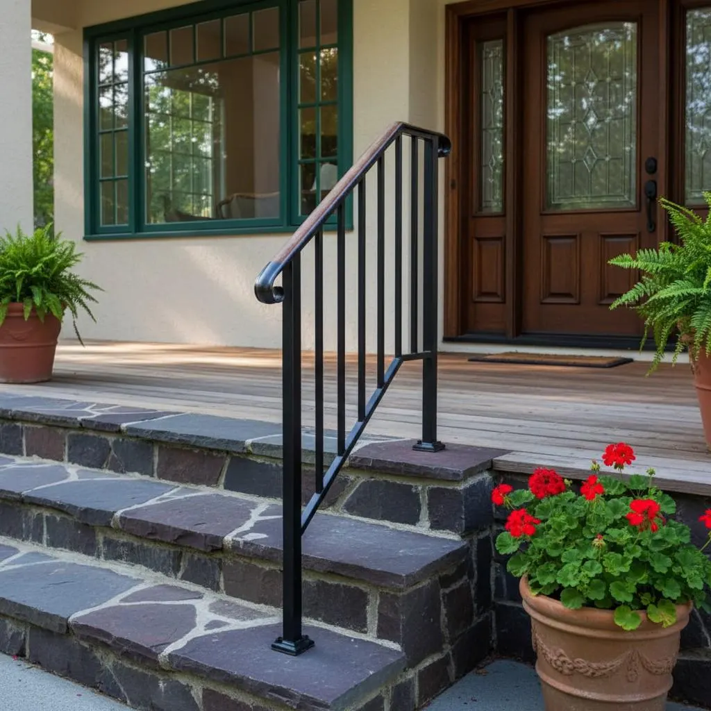 Outdoor Stair Handrail for 1–4 Steps, Adjustable Black Steel Railing 2Dropme