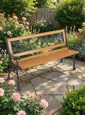 Cast Iron & Wood Outdoor Garden Bench with Ornate Backrest 2Dropme