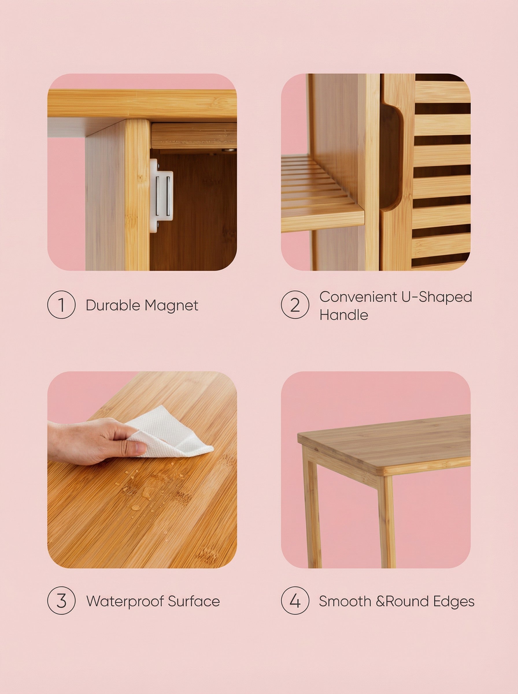 Bamboo 4 Tier Floor Cabinet with Doors, Freestanding Storage 2Dropme