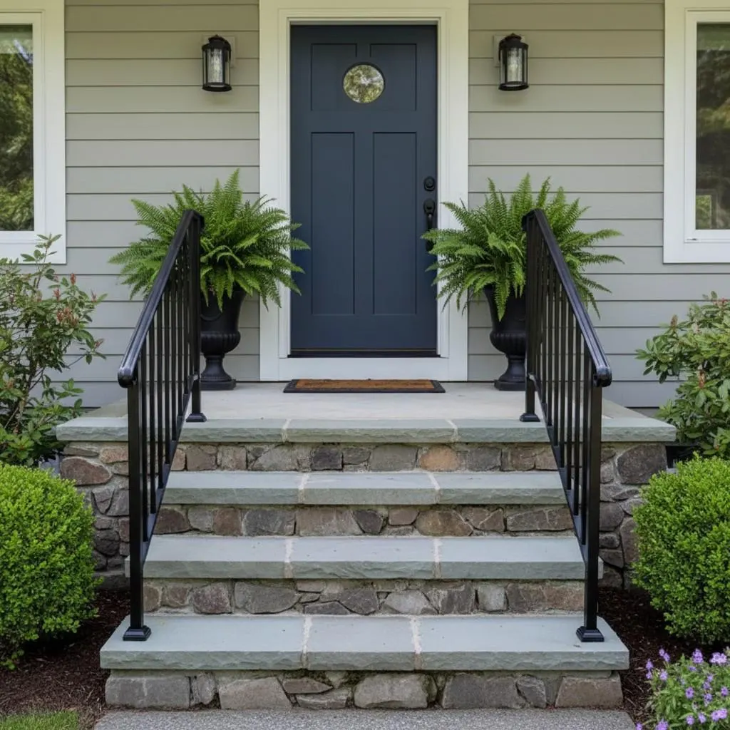 Outdoor Stair Handrail for 1–4 Steps, Adjustable Black Steel Railing 2Dropme
