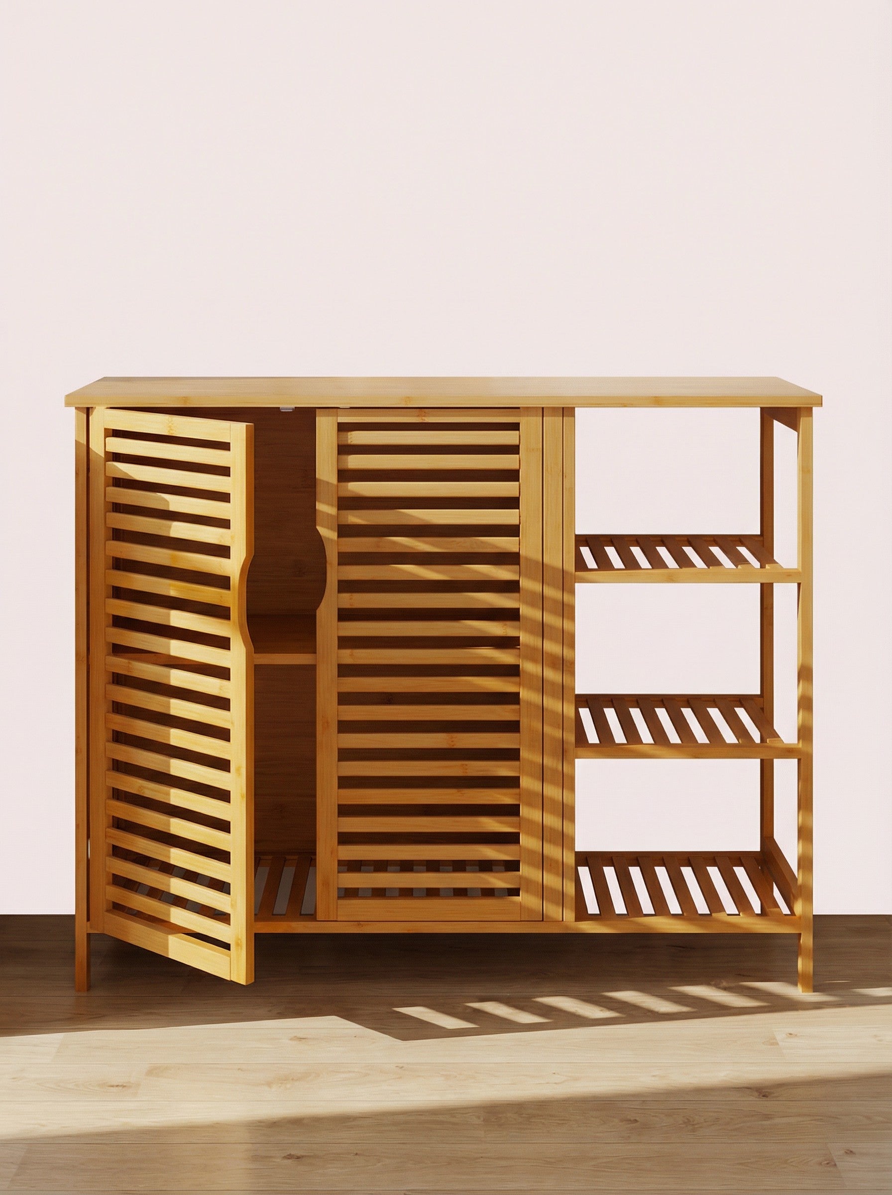 Bamboo 4 Tier Floor Cabinet with Doors, Freestanding Storage 2Dropme