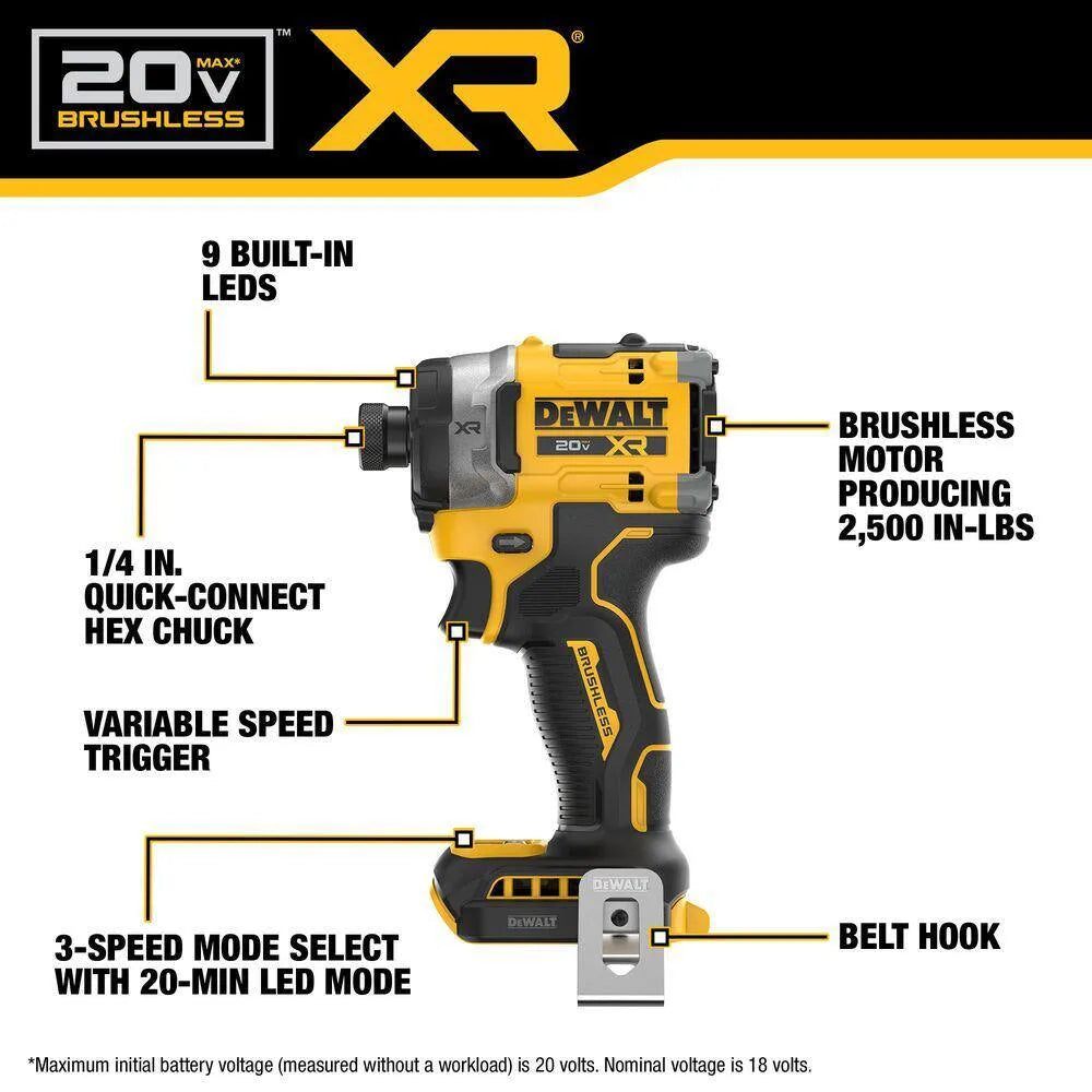 DEWALT DCF860B 20V MAX XR 1/4in Brushless Impact Driver Tool Only