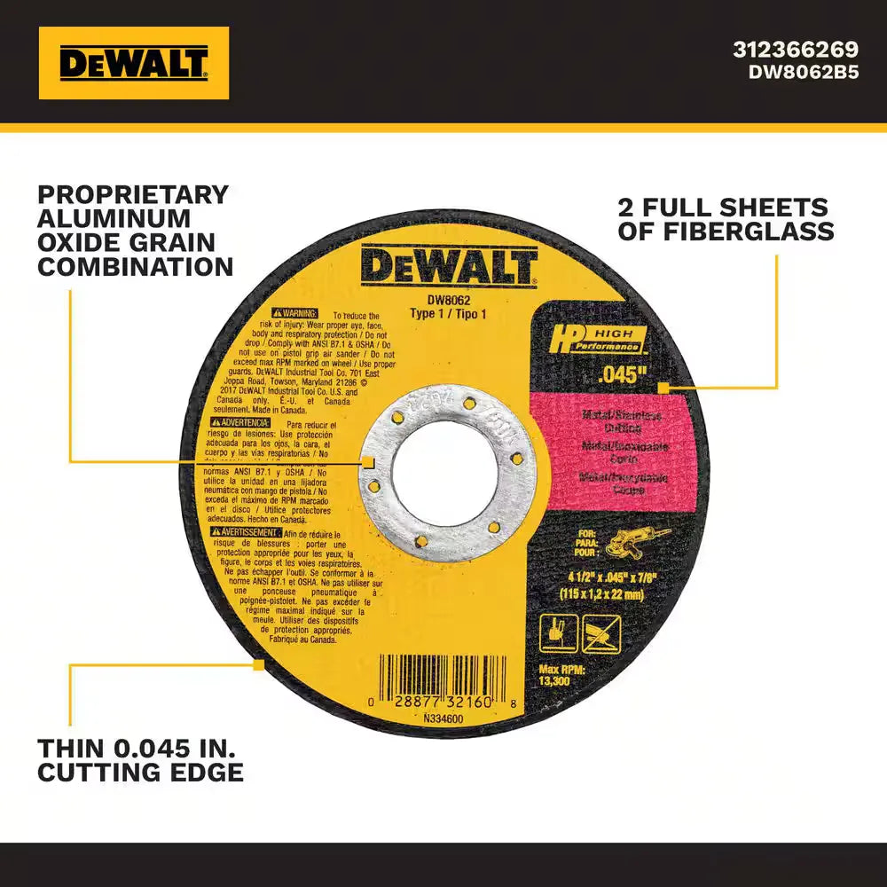 DEWALT DW8062B5 4-1/2 in. Metal Cut-Off Wheel  0.045 in 5 Pack