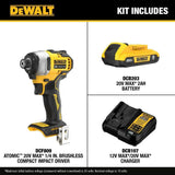 DEWALT DCF809D1 Atomic 20V 1/4 in. Compact Impact Cordless Driver Kit + 2.0Ah Battery Charger