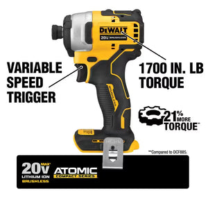 DEWALT DCF809D1 Atomic 20V 1/4 in. Compact Impact Cordless Driver Kit + 2.0Ah Battery Charger