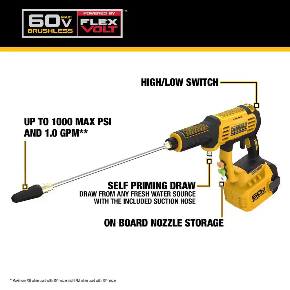DEWALT DCPW1000X1 60V Cordless Pressure Washer - 1000 PSI, 1.0 GPM