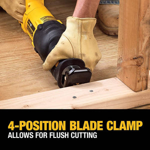 DEWALT DCS380B reciprocating saw flush cutting door jamb with horizontal blade orientation
