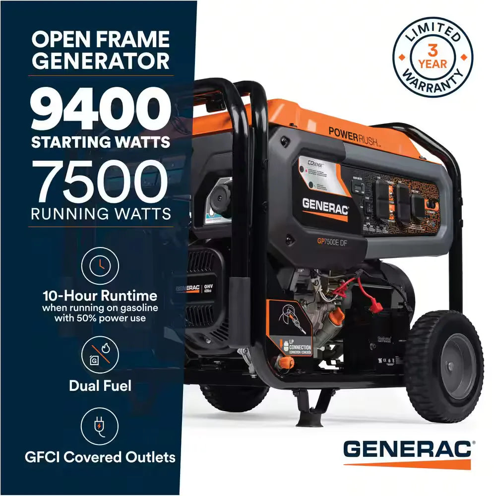 Generac 80112 GP7500E Dual Fuel Generator - 9400W Electric Start