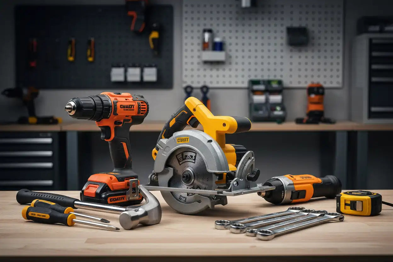 Workshop setting with power tools on a workbench