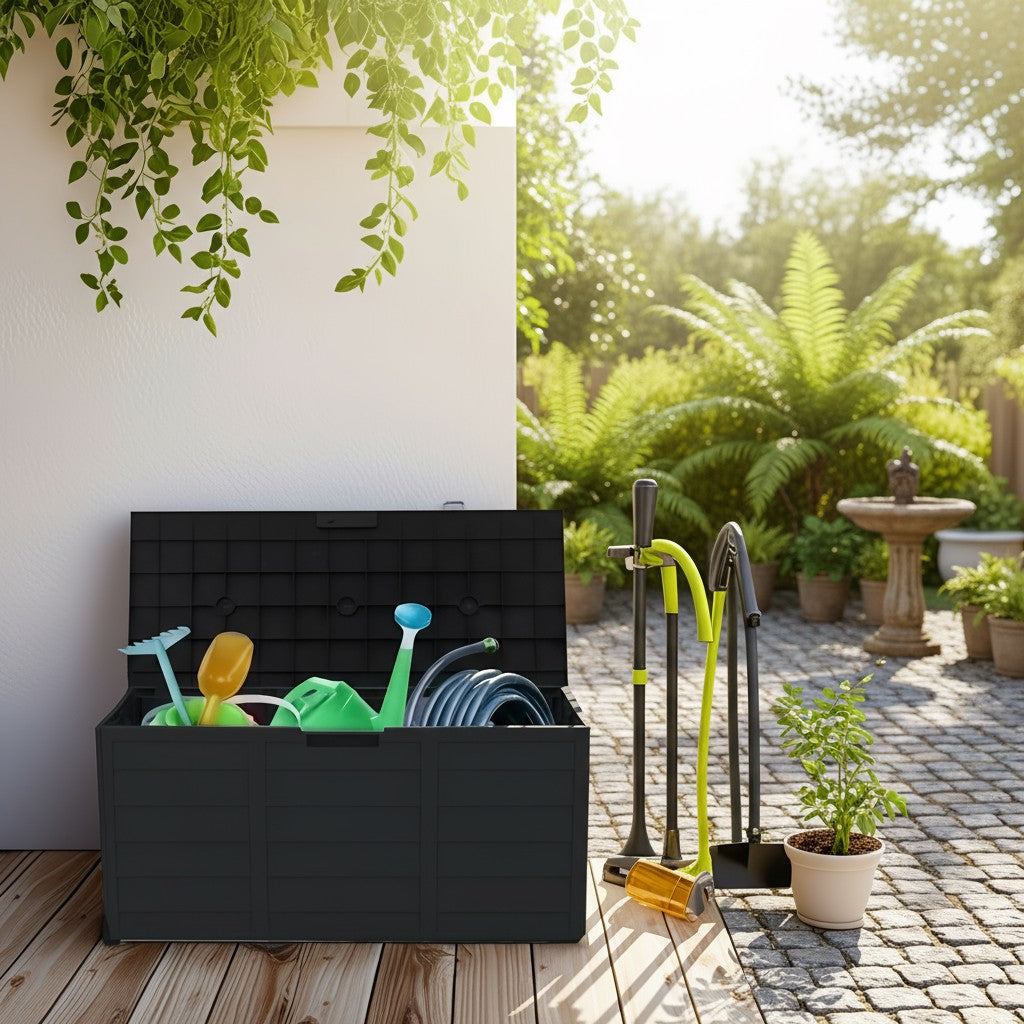 75 Gallon Heavy-Duty Outdoor Deck Box – Waterproof Patio Storage Box with Hinged Lid, Lockable & Easy Assembly 2Dropme