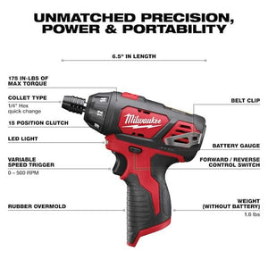 Milwaukee M12 cordless screwdriver 2401-20 12V hex driver