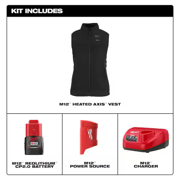 Milwaukee F300B-212X Women’s 2X-Large M12 12V AXIS Black Heated Vest Kit with 2.0Ah Battery and Charger