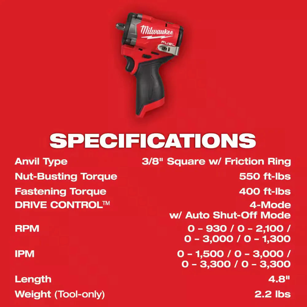 Milwaukee 2562-20 M12 FUEL 3/8 in. Stubby Impact Wrench - Tool Only