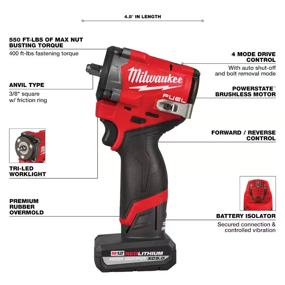 Milwaukee 2562-20 M12 FUEL 3/8 in. Stubby Impact Wrench - Tool Only