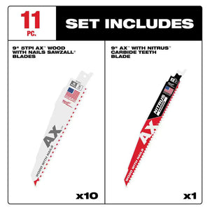 Milwaukee 9 in 5 TPI AX Nail Embedded Wood Cutting Reciprocating Saw 10 Pack+NITRUS AX
