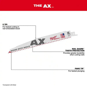 Milwaukee 9 in 5 TPI AX Nail Embedded Wood Cutting Reciprocating Saw 10 Pack+NITRUS AX