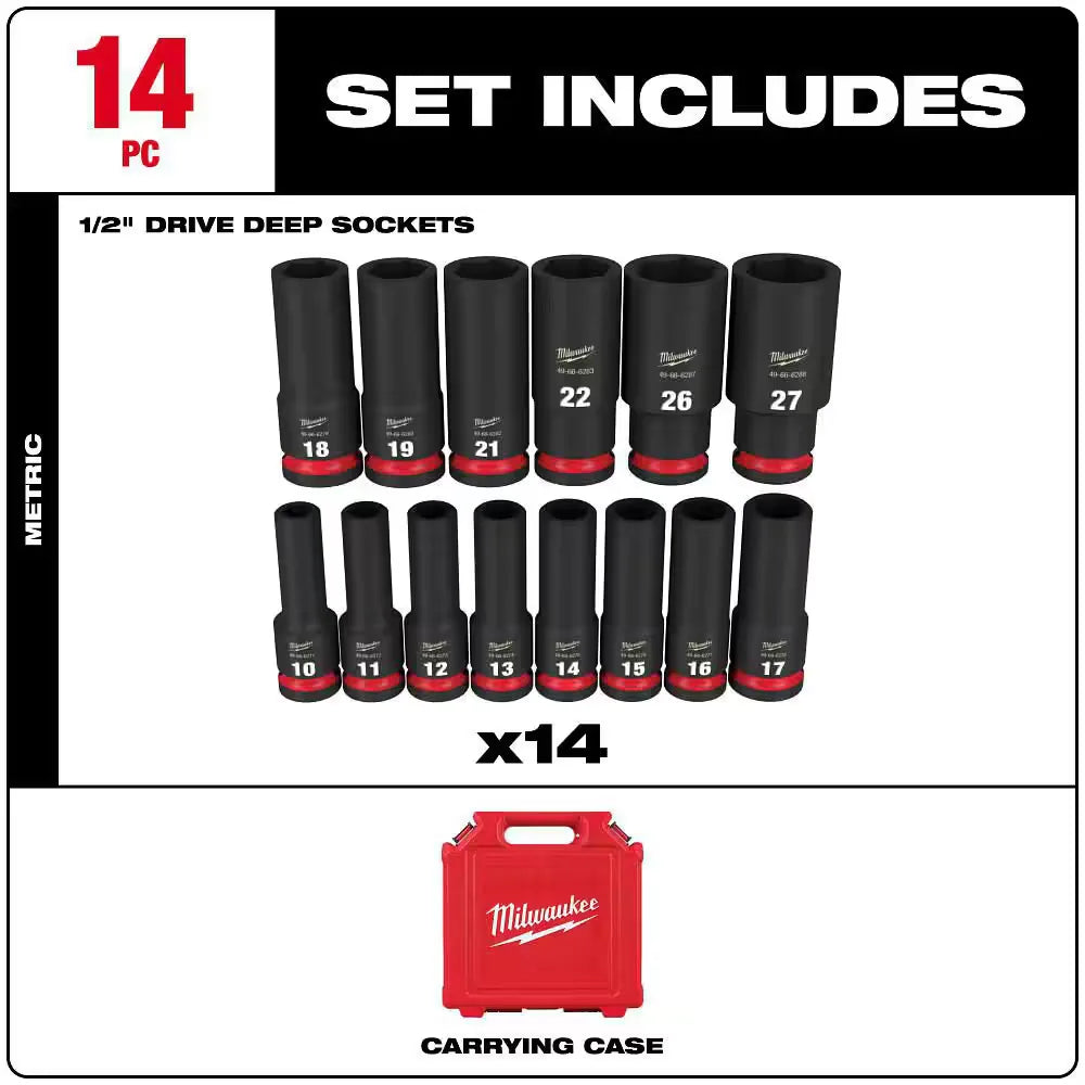 Milwaukee 49-66-7014 SHOCKWAVE 1/2 in. Deep Socket Set (14-Pc)