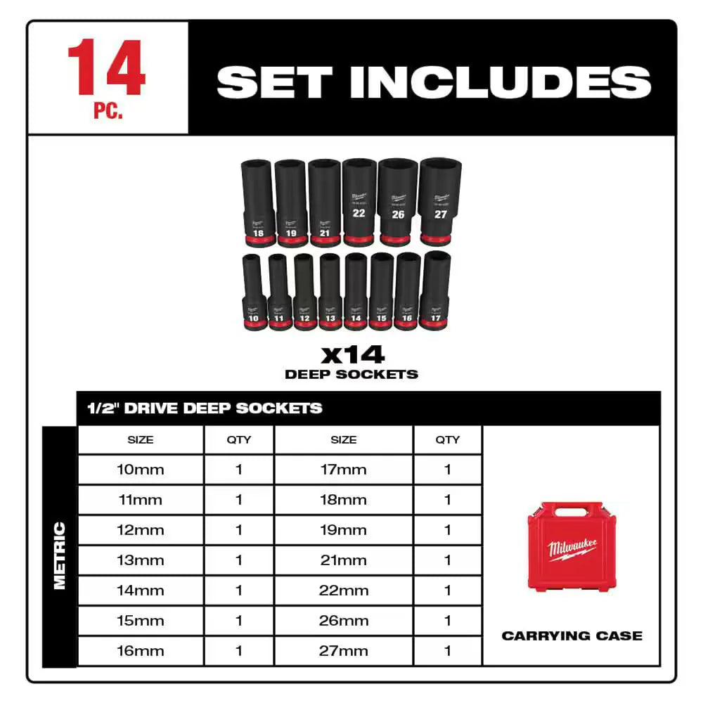 Milwaukee 49-66-7014 SHOCKWAVE 1/2 in. Deep Socket Set (14-Pc)