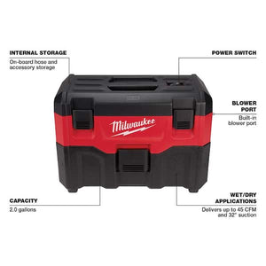 Milwaukee cordless wet dry vacuum with hose and attachments