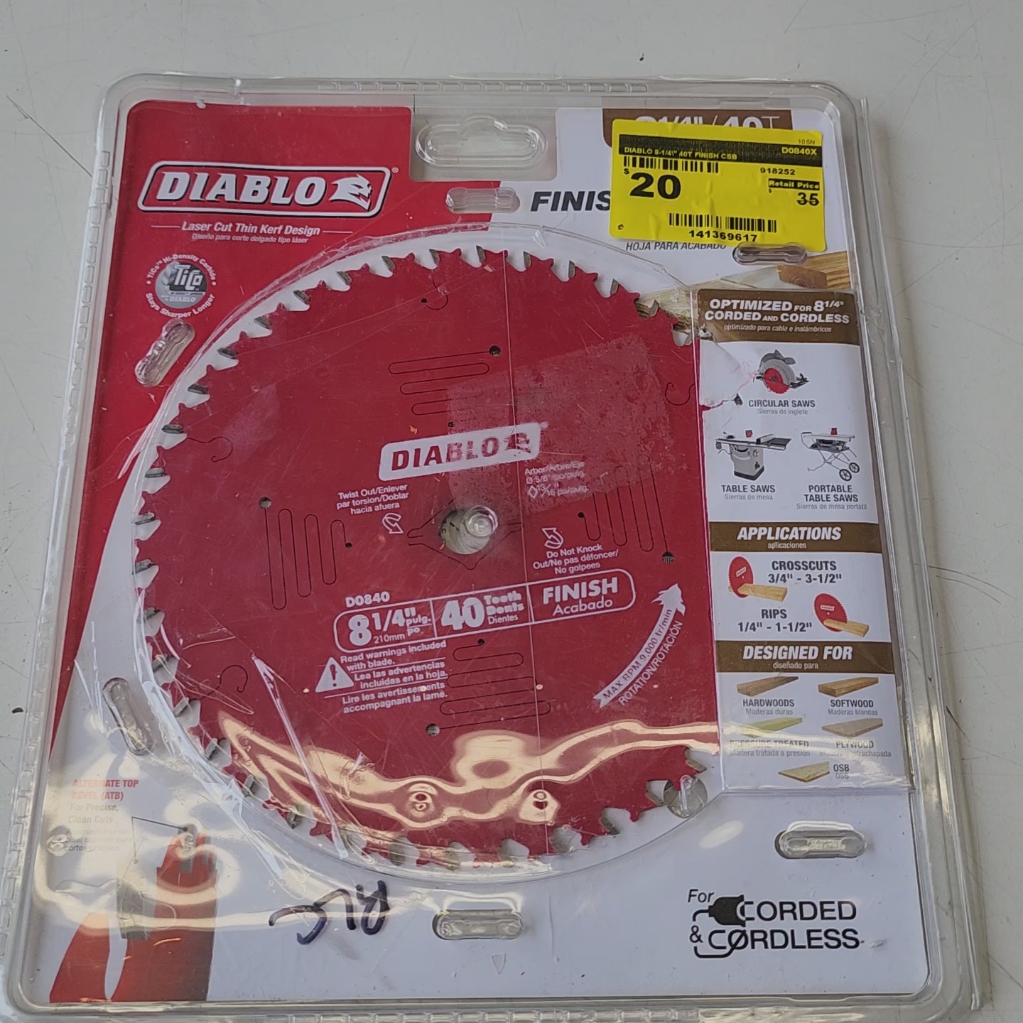 DIABLO 8-1/4 in finishing blade 40 tooth high quality wood cutting blade