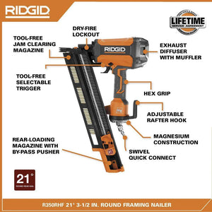 RIDGID R350RHF Pneumatic Framing Nailer 21-Degree 3-1/2 in. Round Head