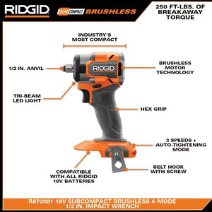 RIDGID R872081 18V SubCompact 1/2 in Impact Wrench  Tool Only