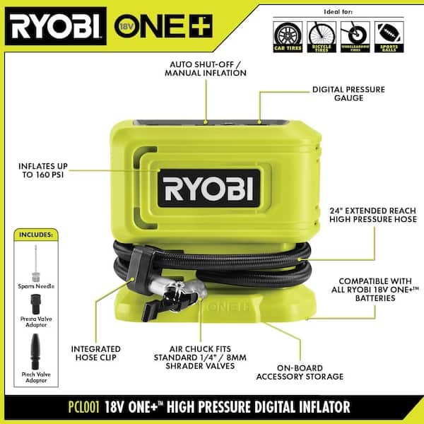 RYOBI ONE+ 18V high pressure inflator for tires and inflatables